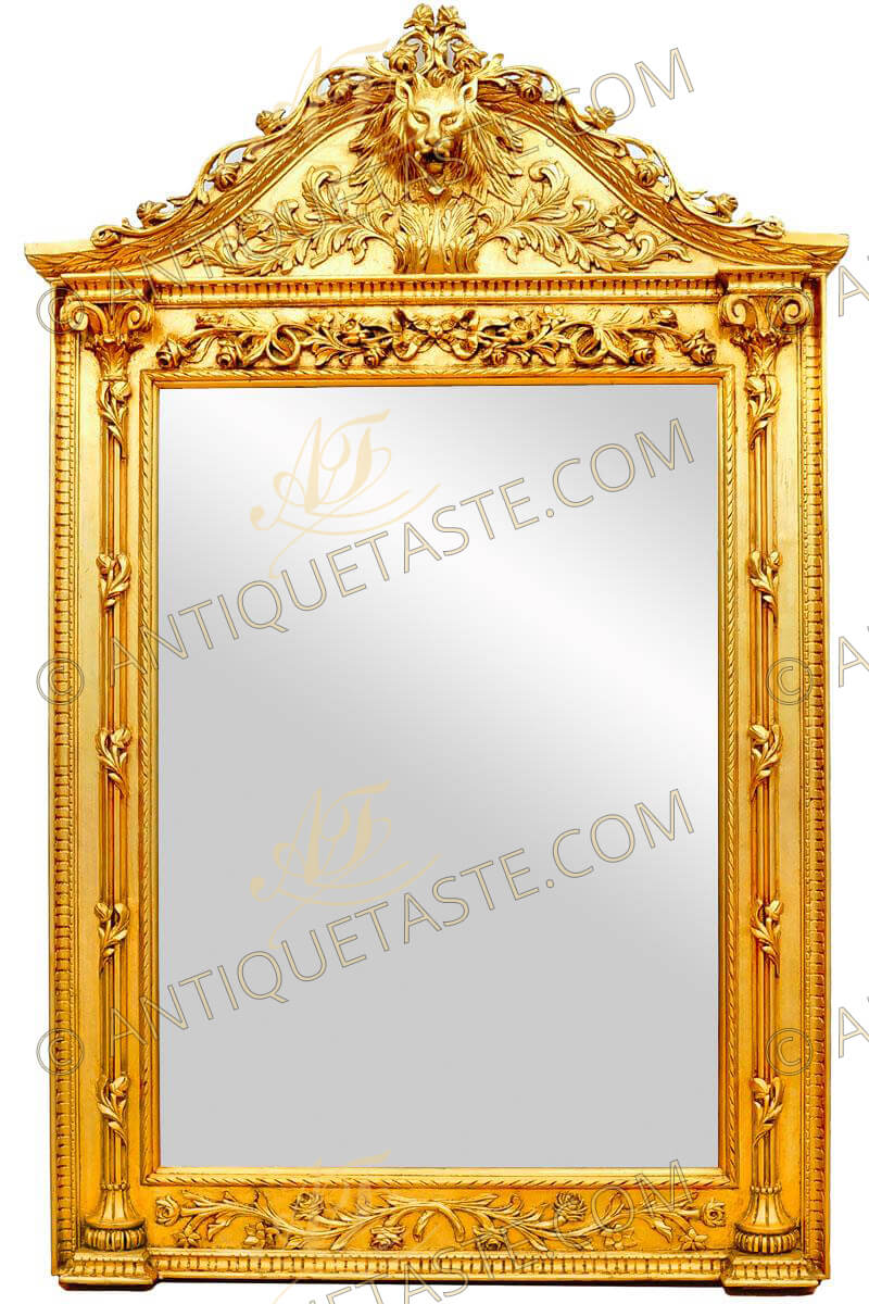 A stupendous Napoleon Second Empire style gilt-wood floor mirror, gilt with French gold foils 18th carat, The large mirror serpentine top crested with sprays of flower garlands above a roaring lion mask surmounting a central large acanthus leaf volute issuing acanthus leaves Rinceau, The lower Cyma Recta stepped frame houses two fluted shaft composite capital columns with twisted flower leaves and gadroon base, The large beveled mirror plate topped with a ribbon knotted flower garlands and based with foliate entwined branches, The fine mirror is available in silver finishing with French silver foils by request, available in different size as an over-mantel mirror and available as an entrance console as well